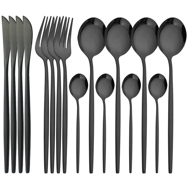 16Pcs Dinnerware Set Stainless Steel Tableware Mirror Dinner Black Cutlery Set Knife Fruit Fork Spoon Silverware Kitchen Set
16Pcs Dinnerware Set Stainless Steel Tableware Mirror Dinner Black Cutlery Set Knife Fruit Fork Spoon Silverware Kitchen Set