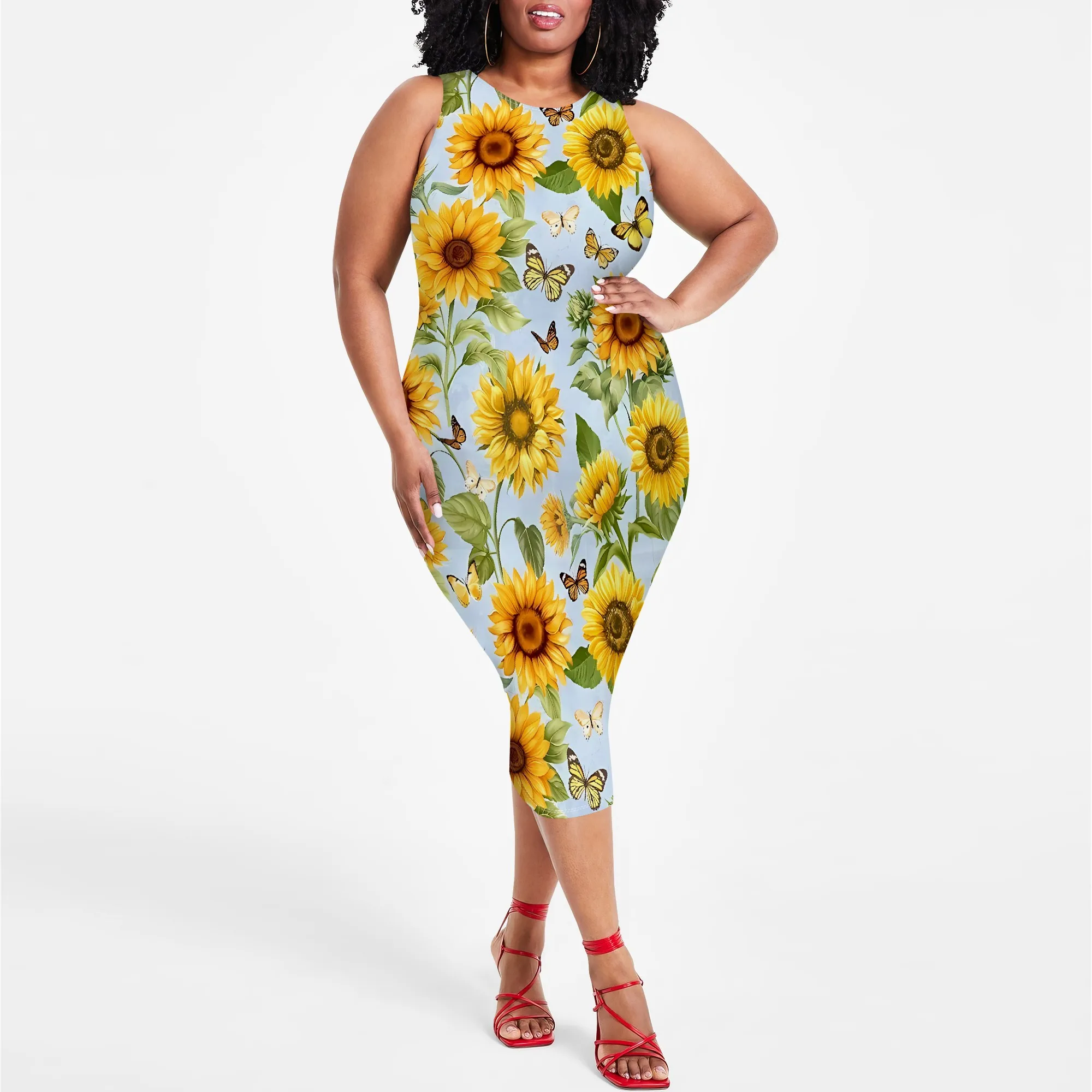 Plus Size Sleeveless Midi Dress Blue Butterfly and Sunflower Print Summer Slim Fit Outfit
Plus Size Sleeveless Midi Dress Blue Butterfly and Sunflower Print Summer Slim Fit Outfit