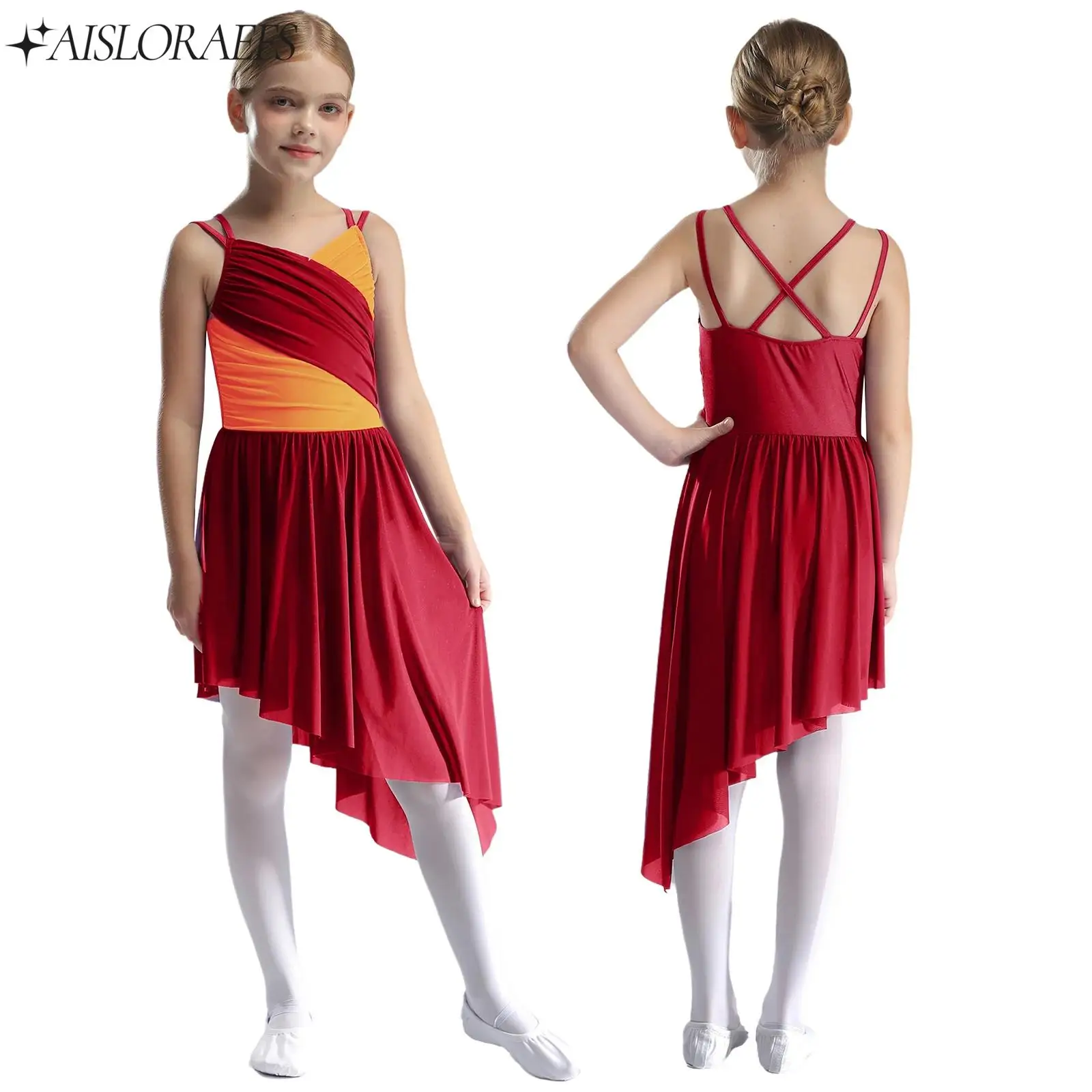 Kids Girls Lyrical Dance Dress Contrast Color Mesh Wrap Front Cross Back Dress Dancewear Child Modern Contemporary Dance Clothes 
Kids Girls Lyrical Dance Dress Contrast Color Mesh Wrap Front Cross Back Dress Dancewear Child Modern Contemporary Dance Clothes