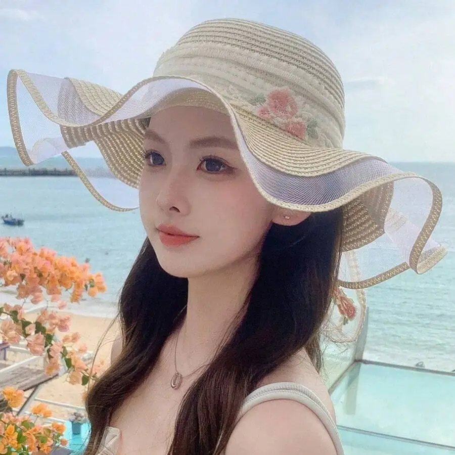 Women Summer Wide Brim Straw Sun Hat With Floral Embroidery And Mesh Trim
Women Summer Wide Brim Straw Sun Hat With Floral Embroidery And Mesh Trim