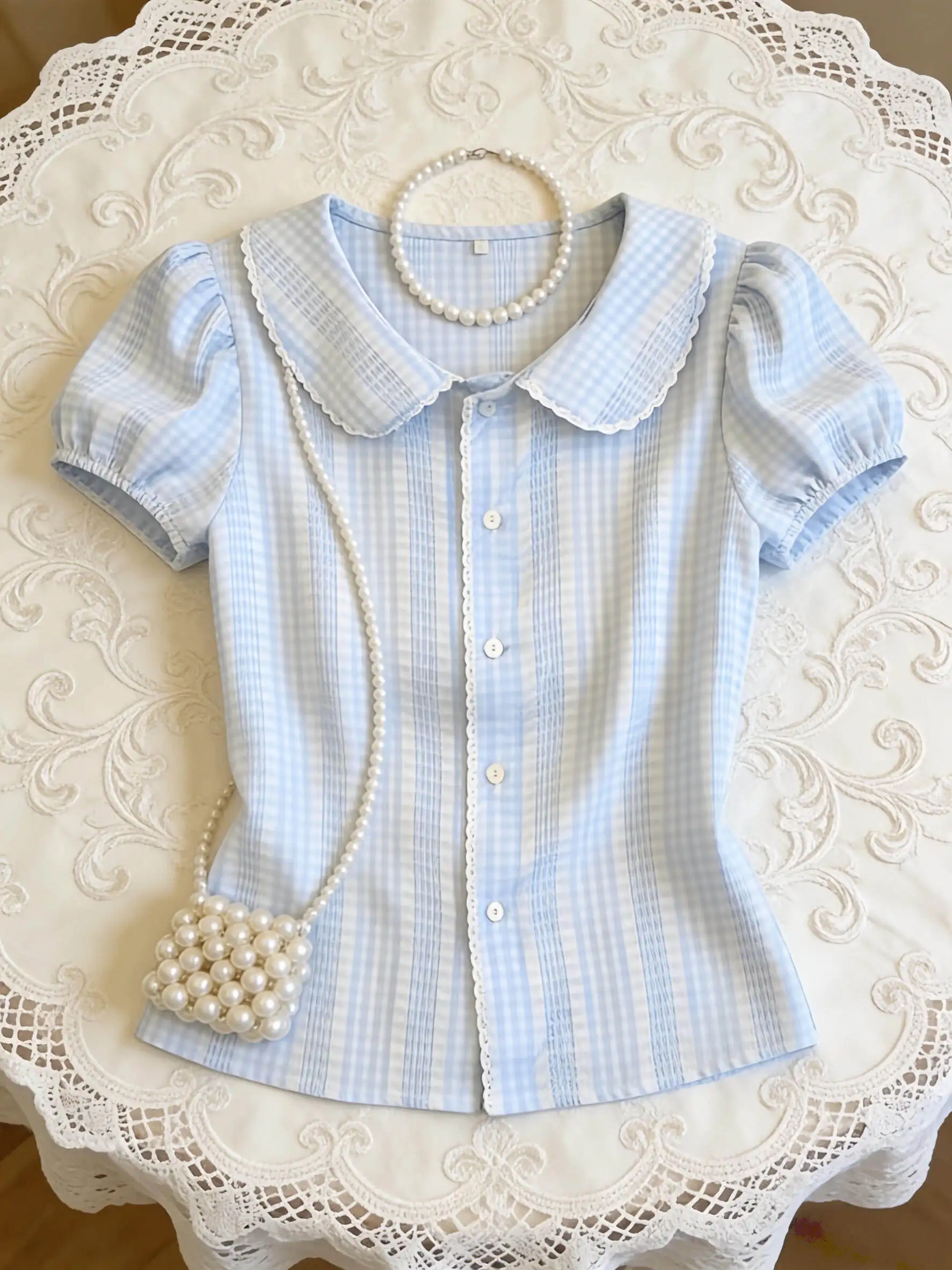 Sweet Style Blue Plaid Doll Collar Short Sleeve Lace Splice Women's Shirt Summer Elegance Girl's Clothing Breathable Thin Mat...
Sweet Style Blue Plaid Doll Collar Short Sleeve Lace Splice Women's Shirt Summer Elegance Girl's Clothing Breathable Thin Mat...