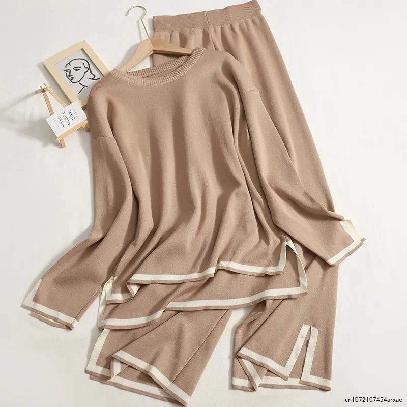 Elegant O-neck Side Slit Pullover Long Sleeve Sweater+wide Leg Pants 2 Piece Sets Womens Autumn Solid Color Casual Sweatshirts
Elegant O-neck Side Slit Pullover Long Sleeve Sweater+wide Leg Pants 2 Piece Sets Womens Autumn Solid Color Casual Sweatshirts