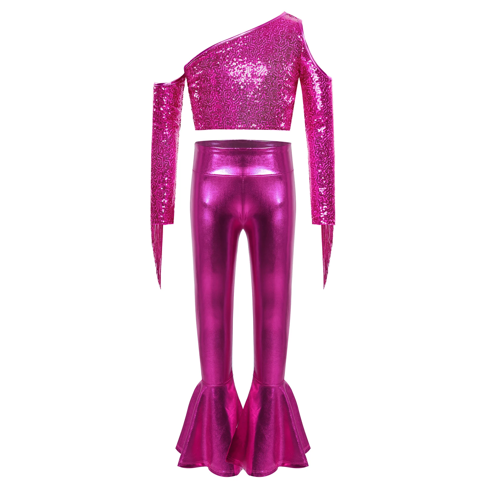 Детский костюм для диско-джазовых танцев в стиле 70-х для девочек: блестящий укороченный топ с длинными рукавами, пайетками и бахромой, а также брюки-клеш
Детский костюм для диско-джазовых танцев в стиле 70-х для девочек: блестящий укороченный топ с длинными рукавами, пайетками и бахромой, а также брюки-клеш
