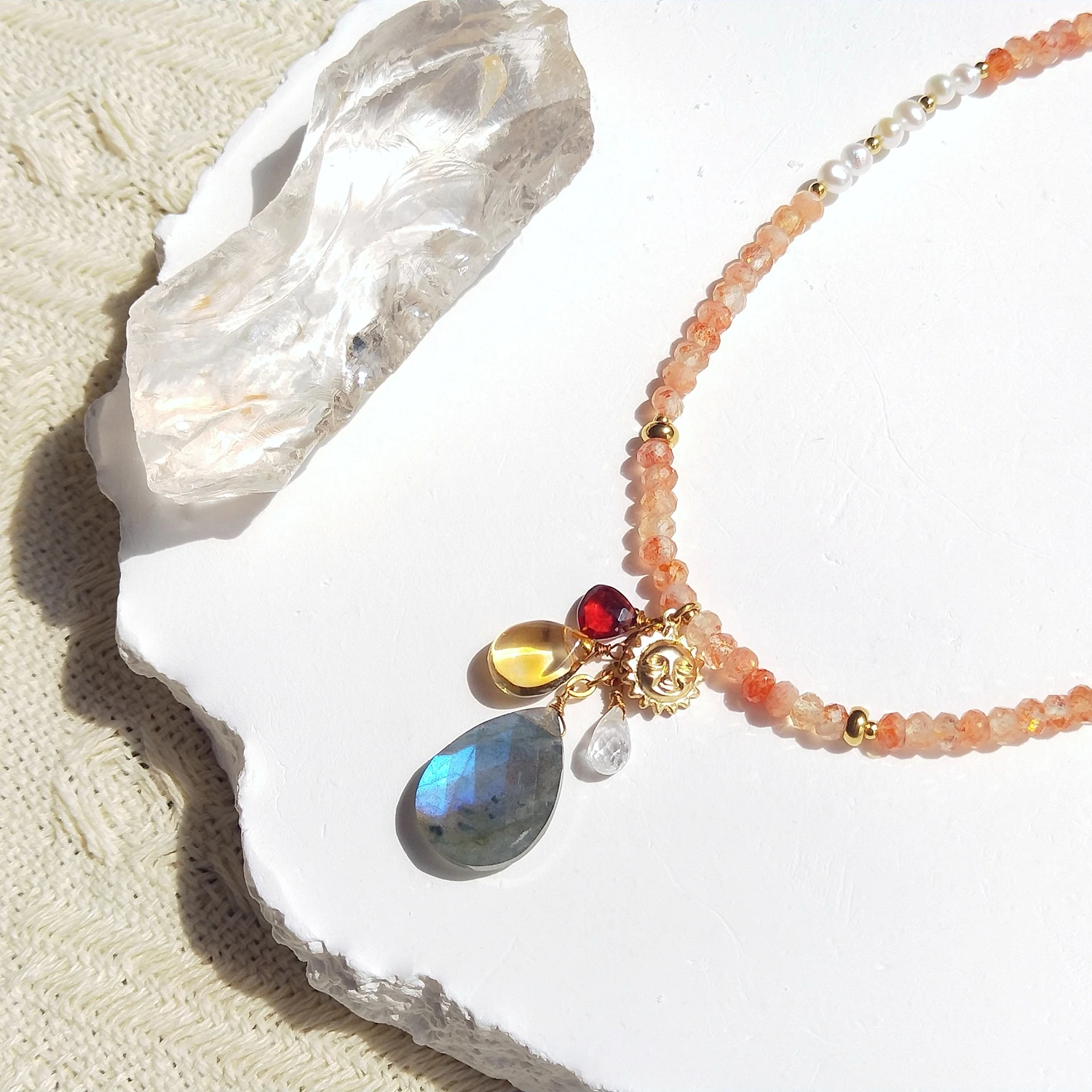 Lii Ji Sunstone Beads Necklace With Gemstones Charm Staineless Steel Gold Color Pendant Necklace 45+5cm
Lii Ji Sunstone Beads Necklace With Gemstones Charm Staineless Steel Gold Color Pendant Necklace 45+5cm
