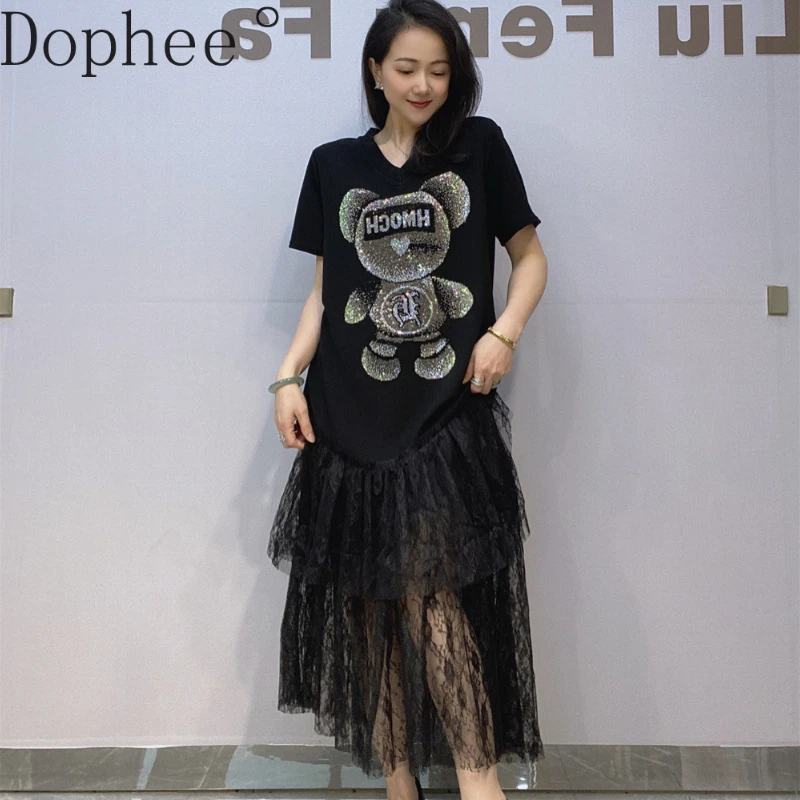 New Summer Fashion Women Ultra Long Short Sleeve Dress Elegant V-neck Cute Bear Hot Drilling Lace Splicing Loose A-line Dress
New Summer Fashion Women Ultra Long Short Sleeve Dress Elegant V-neck Cute Bear Hot Drilling Lace Splicing Loose A-line Dress