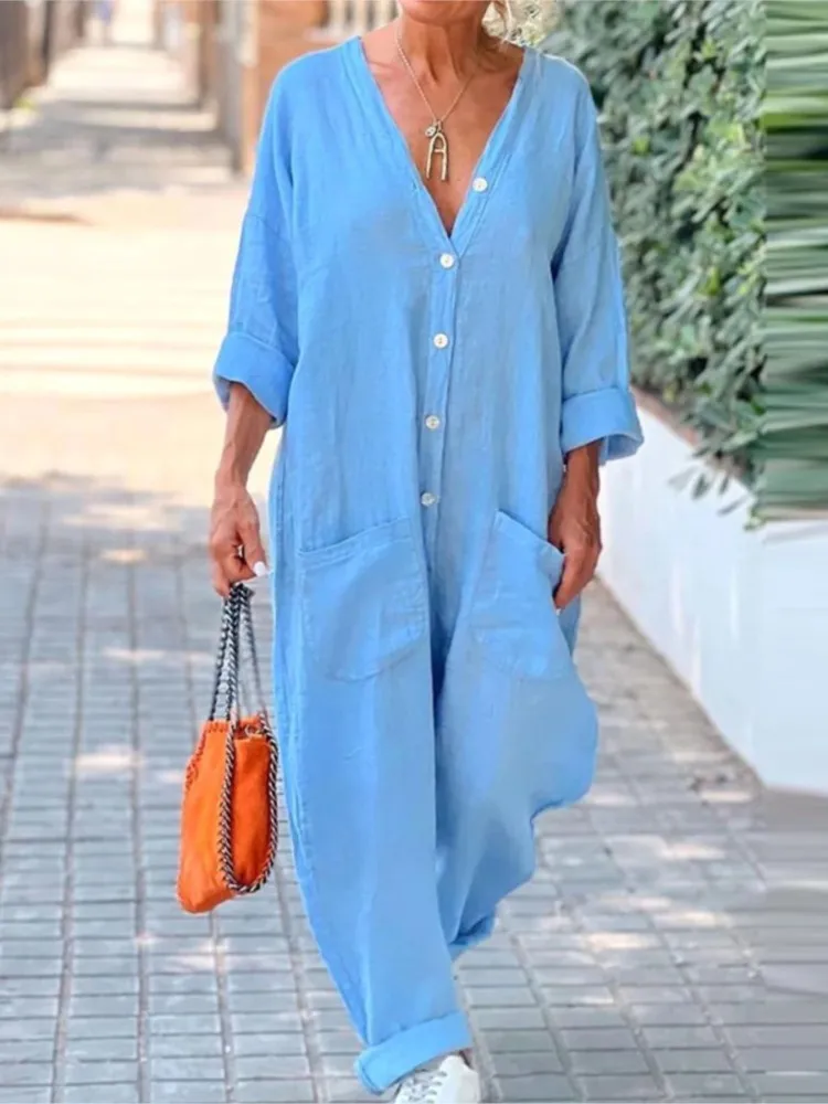 2025 Summer Women Jumpsuit Solid Color V-neck Button Long Sleeve Pockets Jumpsuit Female Fashion Casual Beach Ladies Jumpsuits
2025 Summer Women Jumpsuit Solid Color V-neck Button Long Sleeve Pockets Jumpsuit Female Fashion Casual Beach Ladies Jumpsuits