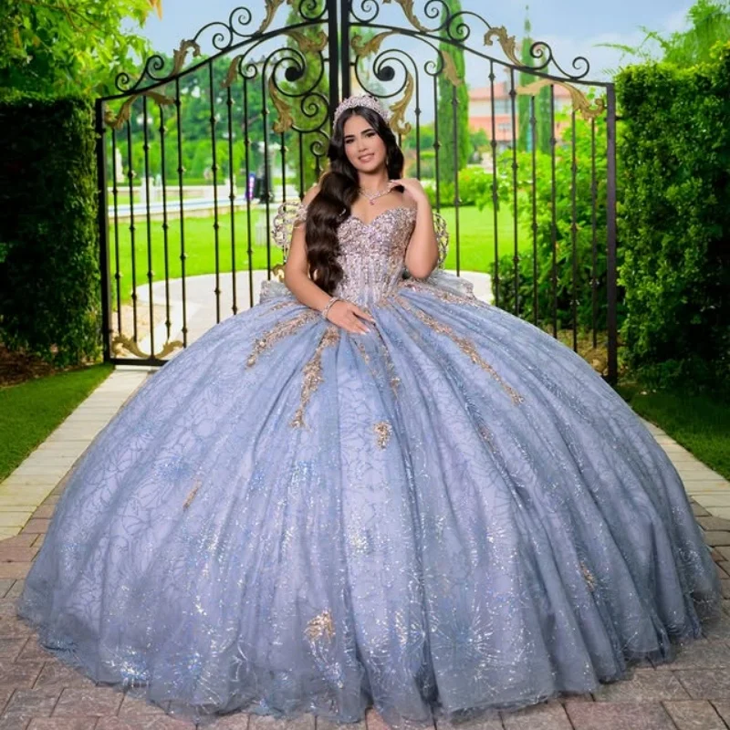 Shiny Slate Blue Quinceanera Dresses Off the Shoulder Glitter Decal Long tail Bow Vestido 15 Quinceanera Customized
Shiny Slate Blue Quinceanera Dresses Off the Shoulder Glitter Decal Long tail Bow Vestido 15 Quinceanera Customized