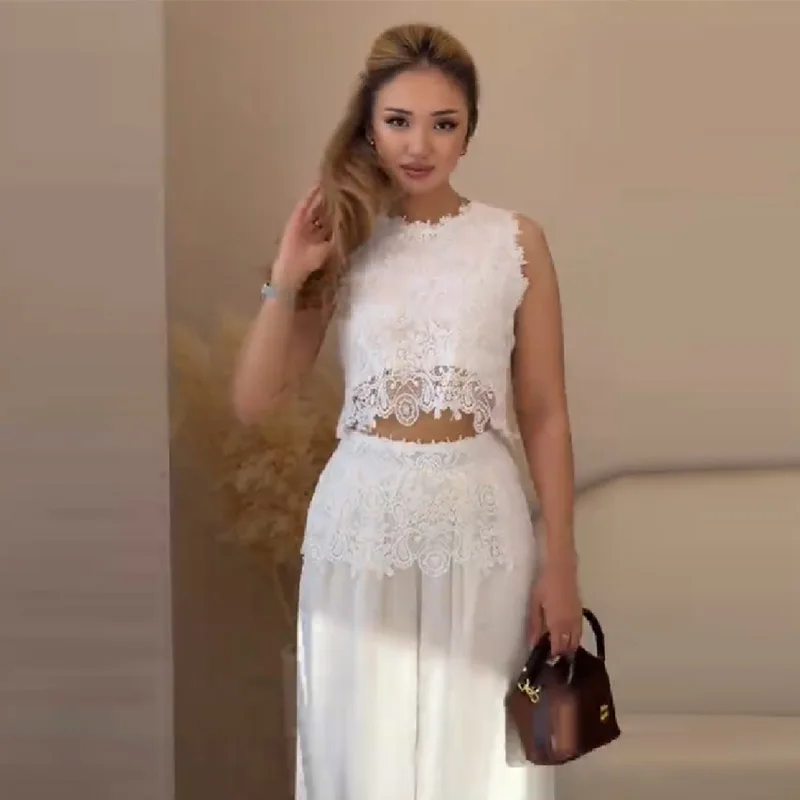 White Lace 2 Piece Outfit For Women Sleeveless Cropped Top And High Waist Wide Leg Pants Elegant Party Wedding Guest 2026 New
White Lace 2 Piece Outfit For Women Sleeveless Cropped Top And High Waist Wide Leg Pants Elegant Party Wedding Guest 2026 New