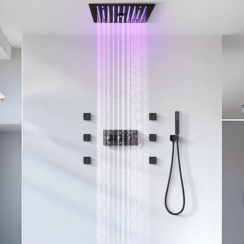 300*300mm LED Rain/Mist Shower System 4-Function Hot Cold Mixer Ceiling Mounted Shower Set with 6 Body Jets Handheld Shower
300*300mm LED Rain/Mist Shower System 4-Function Hot Cold Mixer Ceiling Mounted Shower Set with 6 Body Jets Handheld Shower