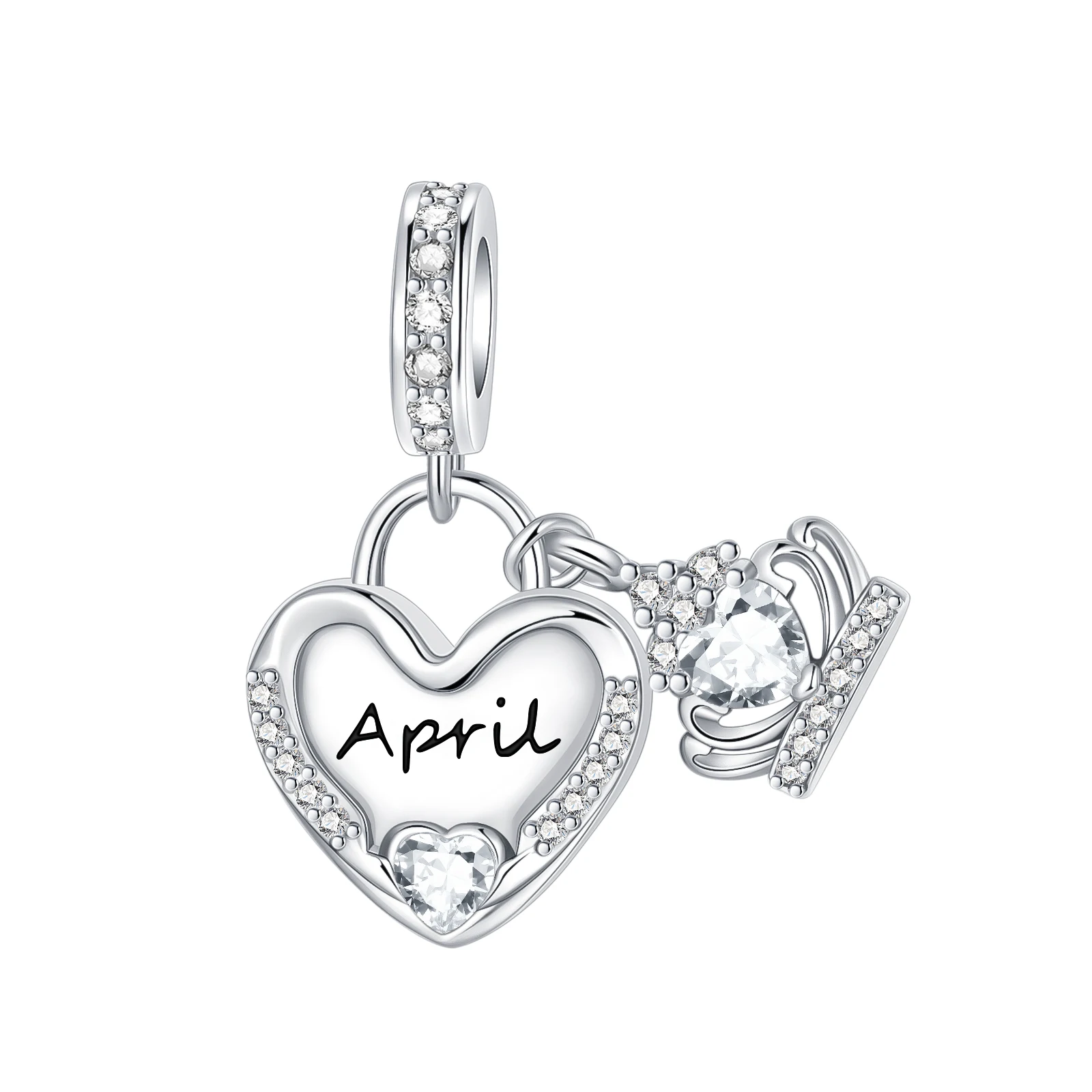 925 Sterling Silver April Birthstone Dangle Charm Clear CZ Color Heart Lock & Crown Pendant Fit Bracelets Jewelry for Women Gift
925 Sterling Silver April Birthstone Dangle Charm Clear CZ Color Heart Lock & Crown Pendant Fit Bracelets Jewelry for Women Gift