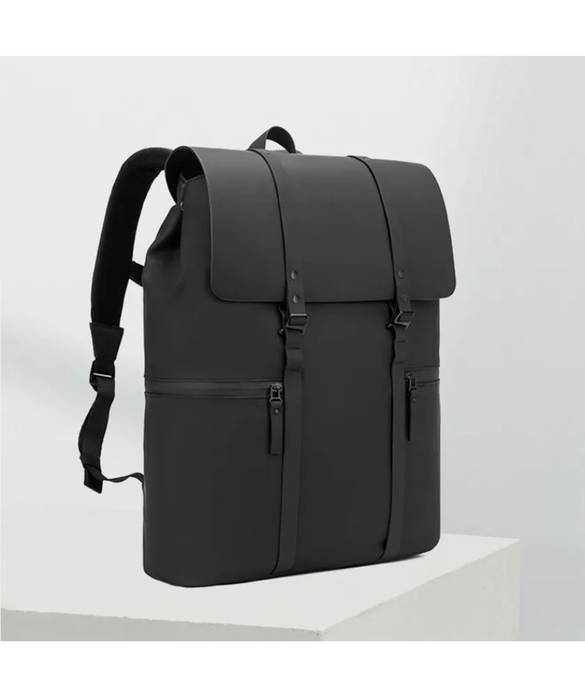 Black roll top backpack with buckle straps multiple front pockets matte finish suitable for street style work and casual use
Black roll top backpack with buckle straps multiple front pockets matte finish suitable for street style work and casual use