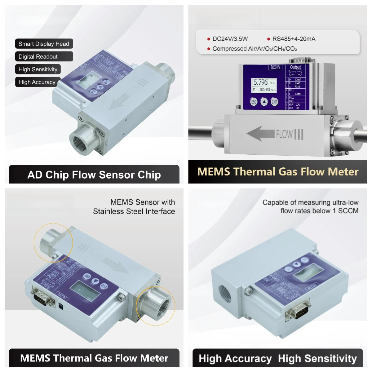 RS485 Micro Gas Mass Flow Meter Bi Directional Digital Display Sensor for Air Nitrogen Oxygen Hydrogen Helium Flow Detection
RS485 Micro Gas Mass Flow Meter Bi Directional Digital Display Sensor for Air Nitrogen Oxygen Hydrogen Helium Flow Detection