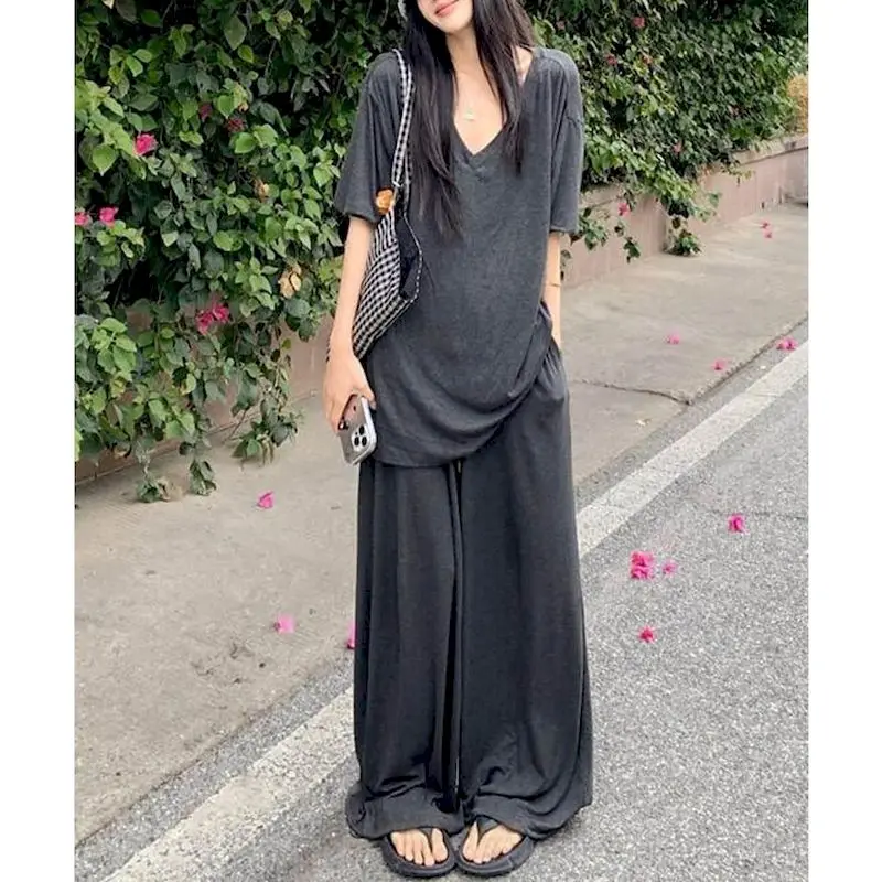 Винтажные комплекты брюк, однотонные футболки с короткими рукавами, повседневные широкие брюки, свободные комплекты из двух предметов в корейском стиле, женская одежда 
Винтажные комплекты брюк, однотонные футболки с короткими рукавами, повседневные широкие брюки, свободные комплекты из двух предметов в корейском стиле, женская одежда