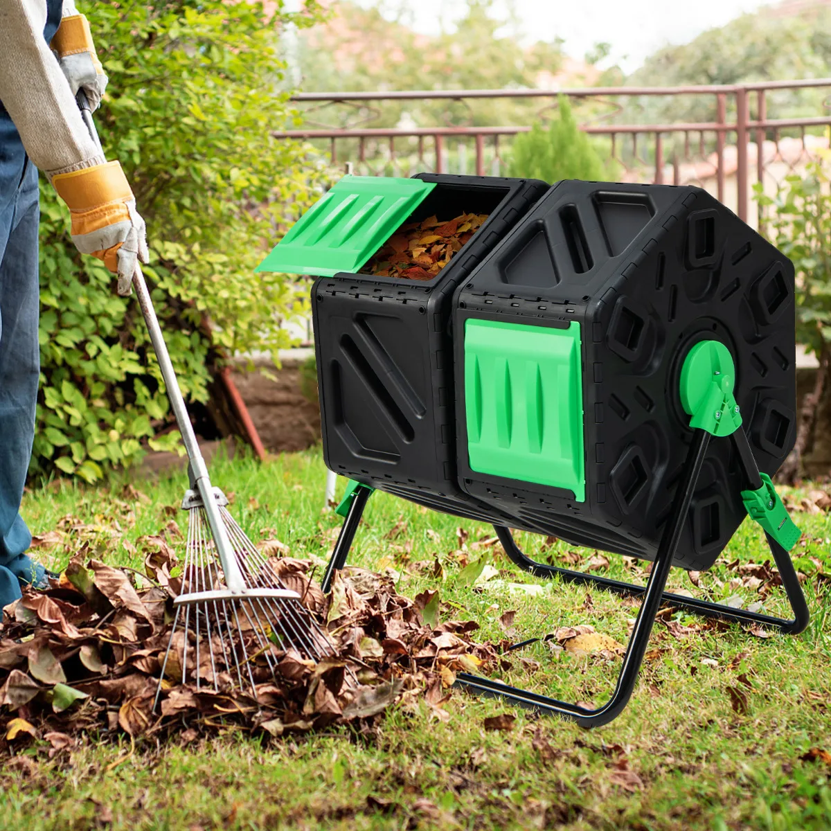 Dual Chamber Garden Compost Tumbler with Sliding Doors-Black & Green
Dual Chamber Garden Compost Tumbler with Sliding Doors-Black & Green