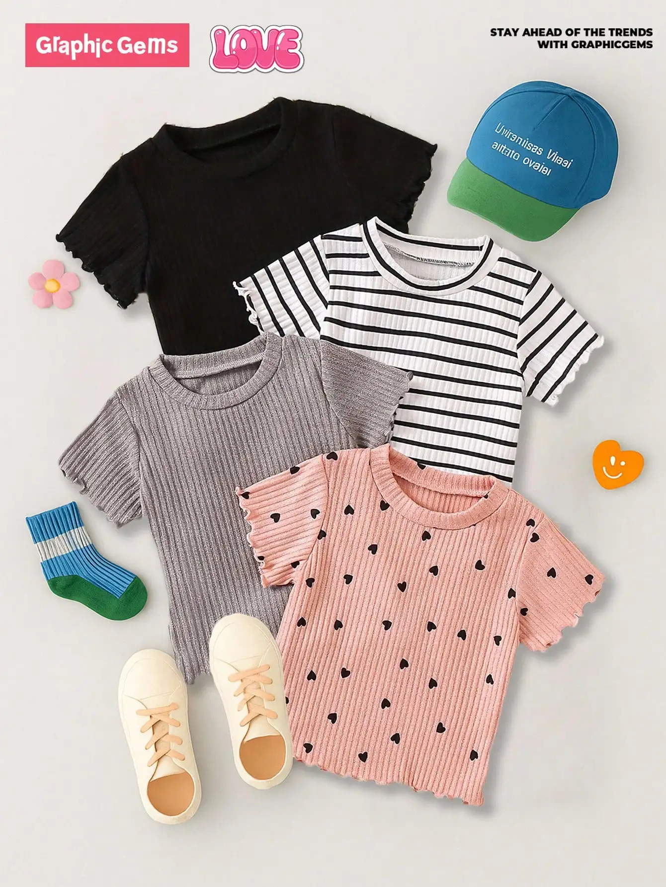 4-Pack Kids Ribbed Short Sleeve T-Shirts with Heart, Stripe & Solid Patterns
4-Pack Kids Ribbed Short Sleeve T-Shirts with Heart, Stripe & Solid Patterns