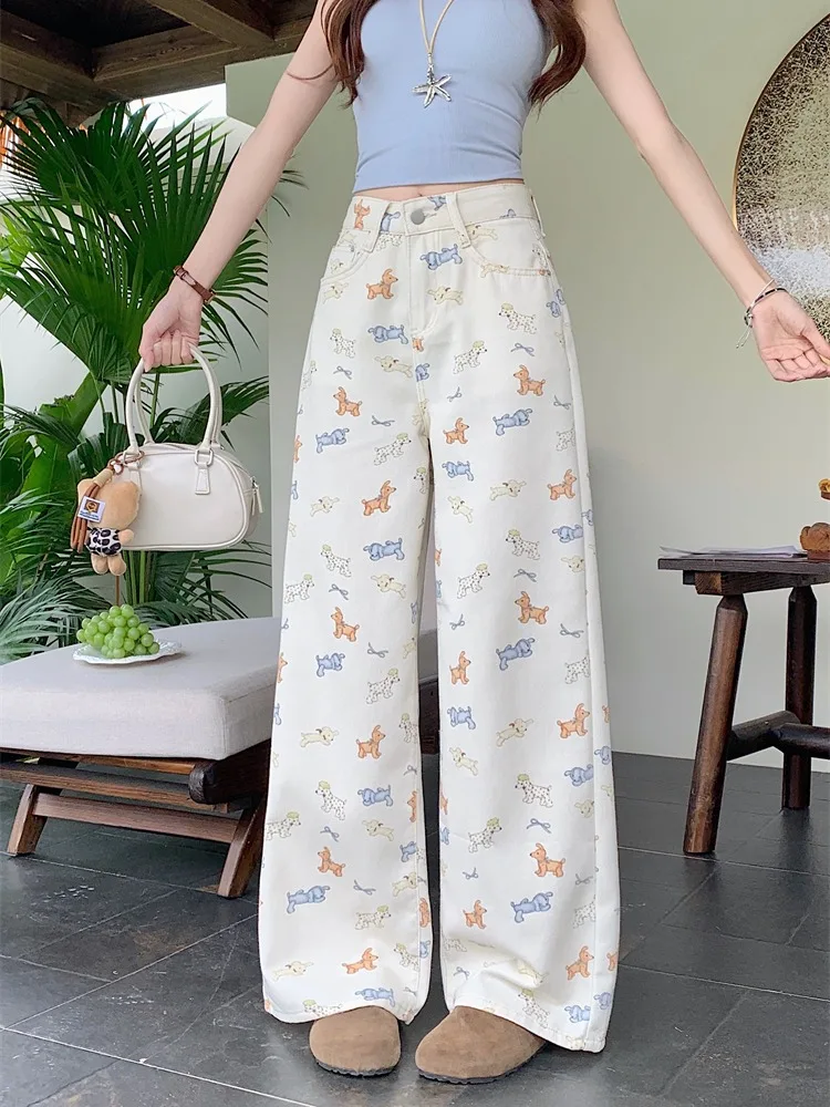 American Lazy Dog Print Wide Leg Jeans Women Summer Sweet High Waist Slim Straight Versatile Elegant Long Pants Casual Style
American Lazy Dog Print Wide Leg Jeans Women Summer Sweet High Waist Slim Straight Versatile Elegant Long Pants Casual Style