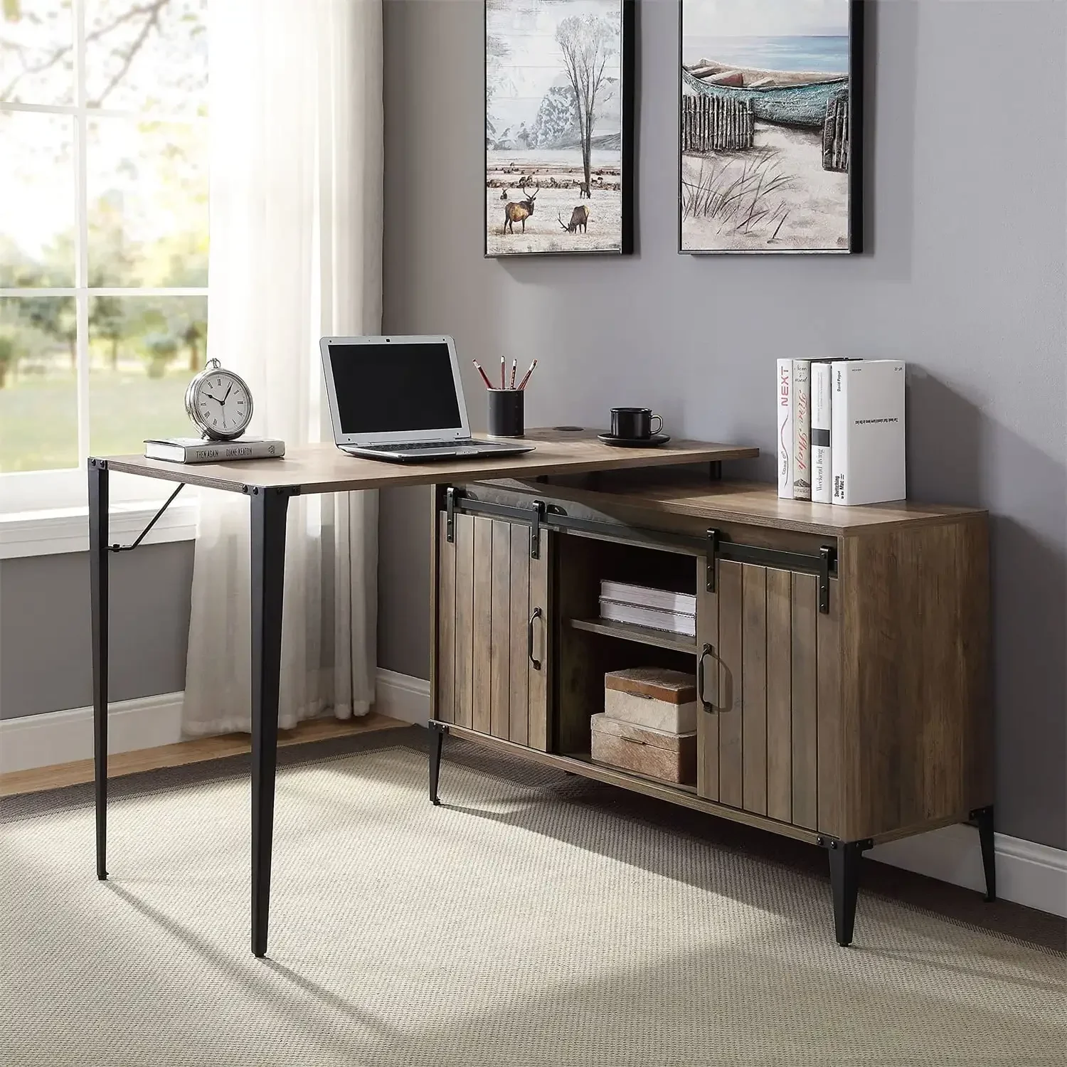 Wooden Writing Desk with Storage Cabinet, Computer Desk with 2 Slide Door, Brown and Black
Wooden Writing Desk with Storage Cabinet, Computer Desk with 2 Slide Door, Brown and Black