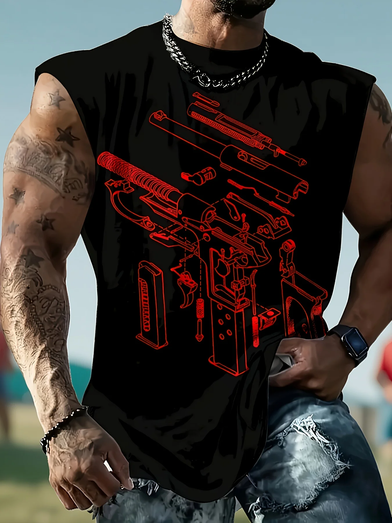 Gun pattern printed comfortable and breathable vest, men's casual sleeveless T-shirt
Gun pattern printed comfortable and breathable vest, men's casual sleeveless T-shirt