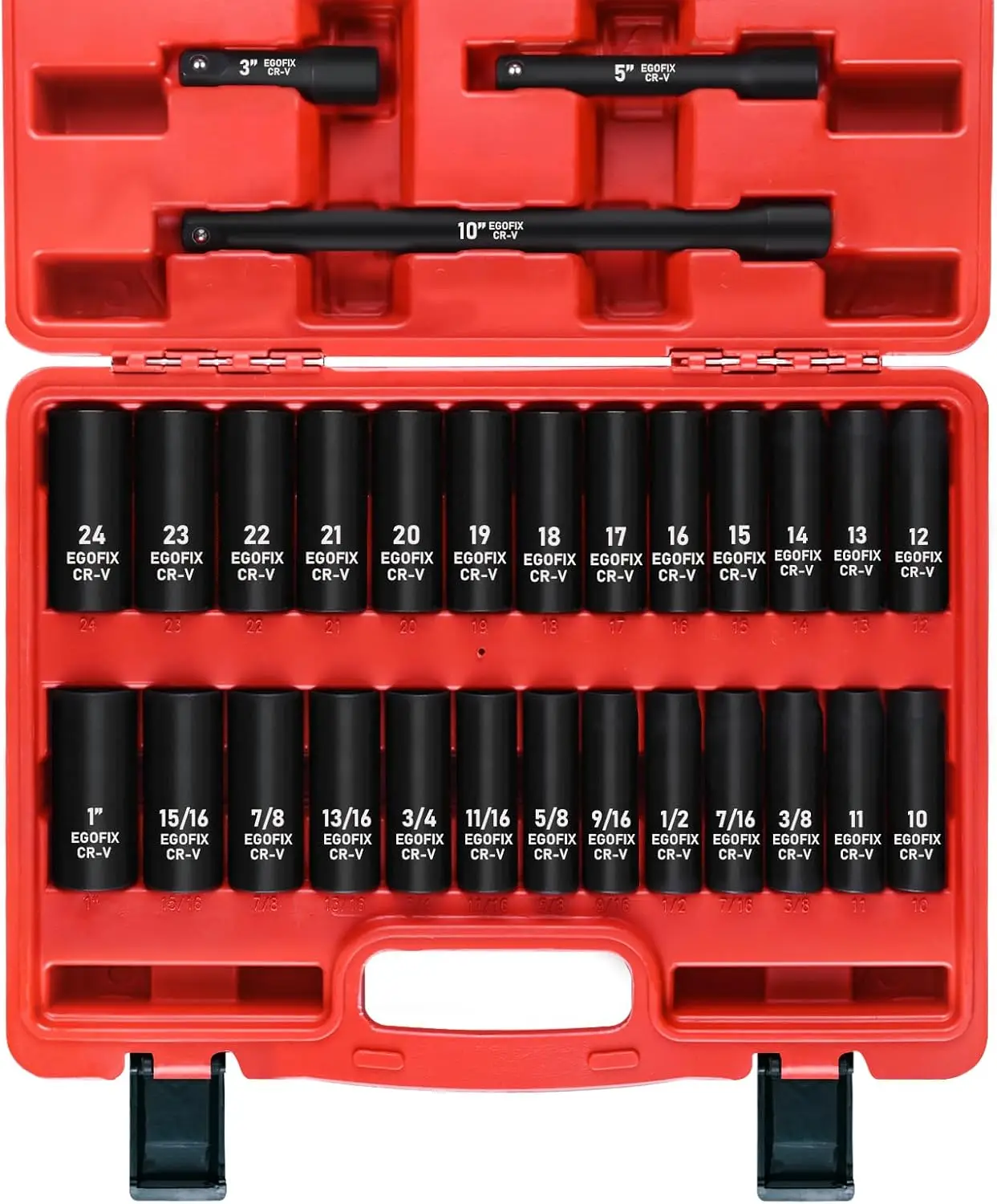 29-Piece 1/2" Drive Deep Impact Socket Set with 3, 5, 10" Extension Bars, 6-Point SAE & Metric (3/8"-1", 10-24mm), Cr-V Steel
29-Piece 1/2" Drive Deep Impact Socket Set with 3, 5, 10" Extension Bars, 6-Point SAE & Metric (3/8"-1", 10-24mm), Cr-V Steel