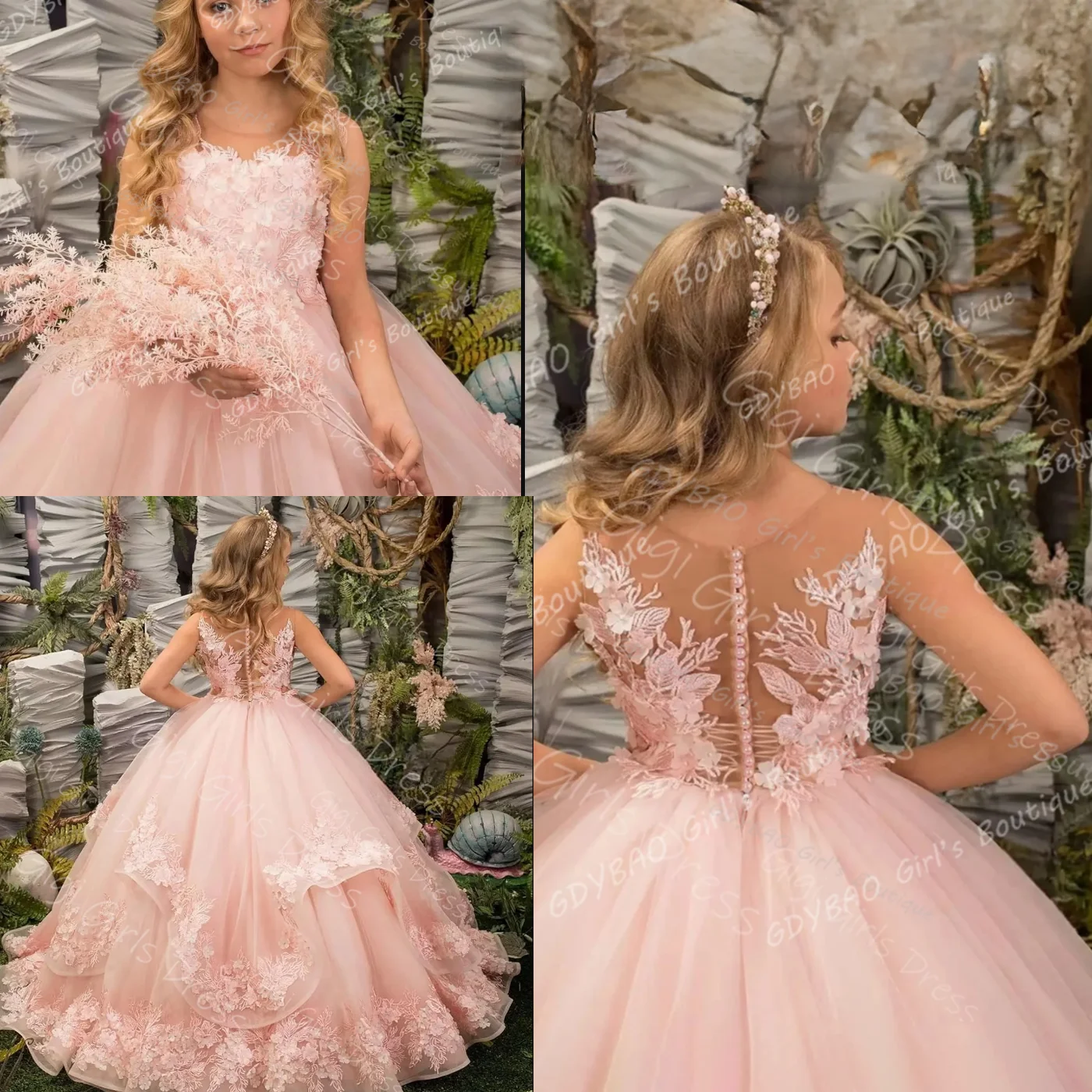 Pink Ruffled Tulle Princess Pageant Dress 3D Lace Applique Flower Girl Dress for Wedding Sheer Neck Customized Party Ball Gowns
Pink Ruffled Tulle Princess Pageant Dress 3D Lace Applique Flower Girl Dress for Wedding Sheer Neck Customized Party Ball Gowns
