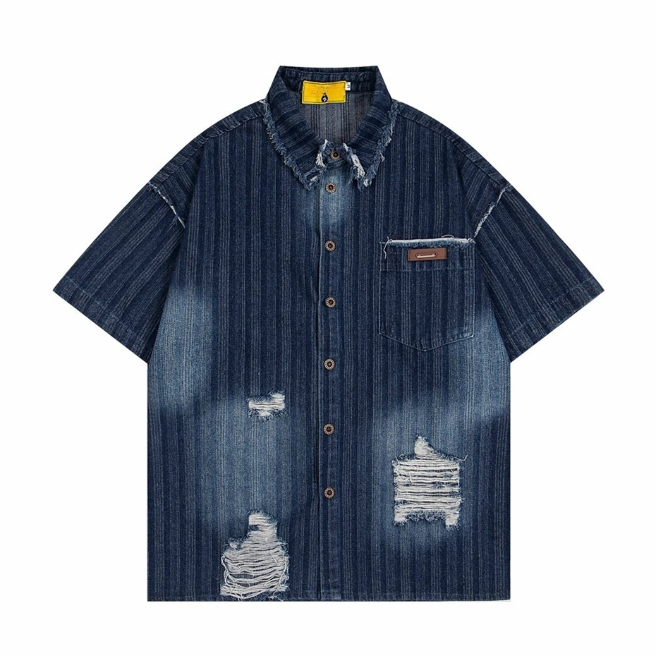 Summer Denim Short Sleeve Shirt Men Streetwear Hip Hop Ripped Hole Jeans Shirt Oversized Harajuku Blue Stripe Casual Blouse Male
Summer Denim Short Sleeve Shirt Men Streetwear Hip Hop Ripped Hole Jeans Shirt Oversized Harajuku Blue Stripe Casual Blouse Male