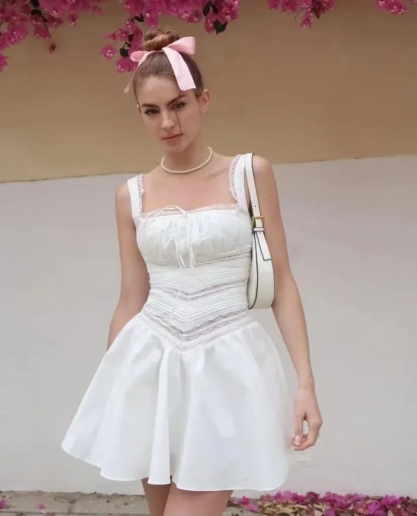 Women Hourse Strappy Sleeveless Square Neck Summer Tiffani White Lace Trim Mini A-line Dress
Women Hourse Strappy Sleeveless Square Neck Summer Tiffani White Lace Trim Mini A-line Dress