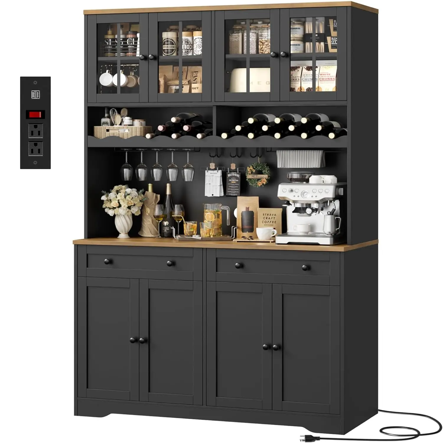 75.4" Tall Kitchen Pantry Cabinet with Charging Station, Modern White Kitchen Hutch with Microwave Stand and Wine, Customized
75.4" Tall Kitchen Pantry Cabinet with Charging Station, Modern White Kitchen Hutch with Microwave Stand and Wine, Customized