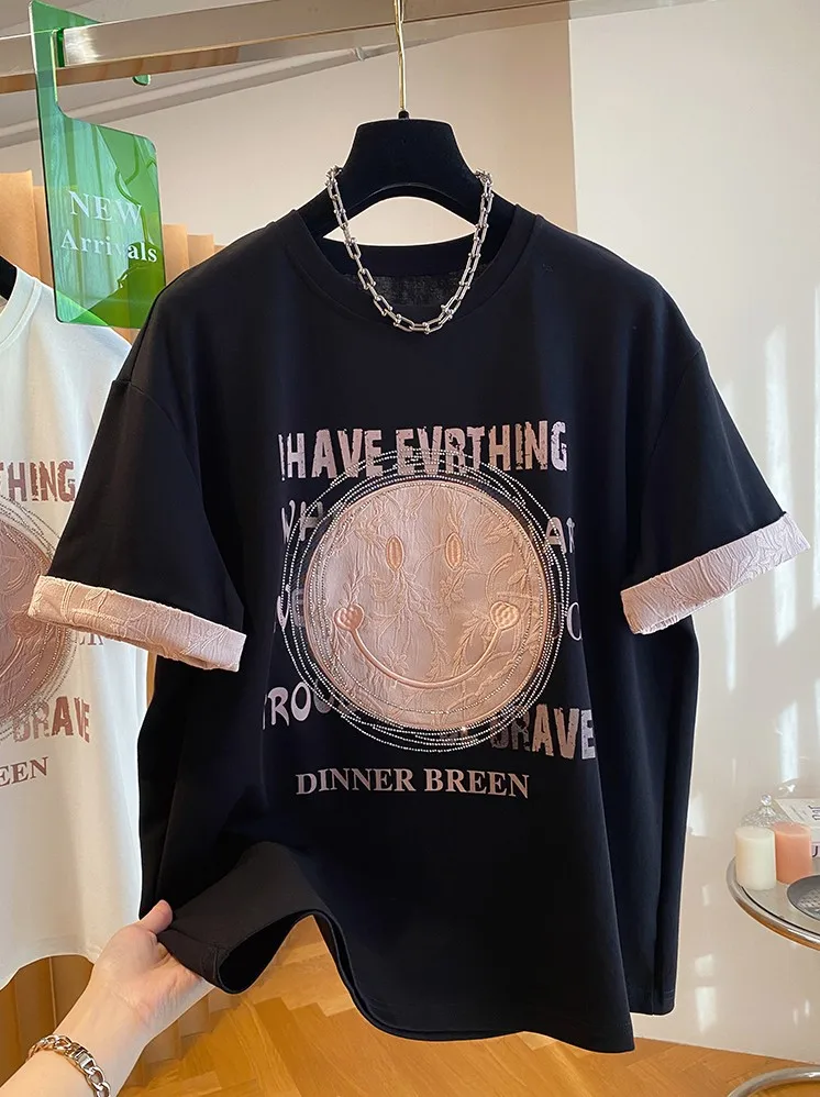 plus Size Women's T-Shirt Short Sleeve Embroidered Loose Fit Diamond Heat Transfer Slimming Cotton Shirt Summer New Style
plus Size Women's T-Shirt Short Sleeve Embroidered Loose Fit Diamond Heat Transfer Slimming Cotton Shirt Summer New Style