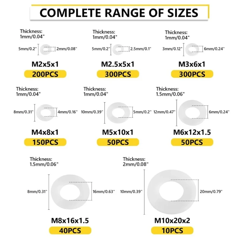 1200pcs Plastic Washers Spacers White/Black Nylon Flat Washers M2 M2.5 M3 M4 M5 M6 M8 M10 Assortment Kit for Screws Bolts
1200pcs Plastic Washers Spacers White/Black Nylon Flat Washers M2 M2.5 M3 M4 M5 M6 M8 M10 Assortment Kit for Screws Bolts