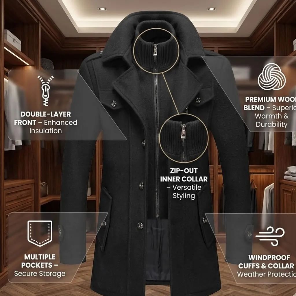 Business Cold Resistant Double Collar Woolen Coat Mens Fashion Warm Outerwear for Autumn and Winter
Business Cold Resistant Double Collar Woolen Coat Mens Fashion Warm Outerwear for Autumn and Winter