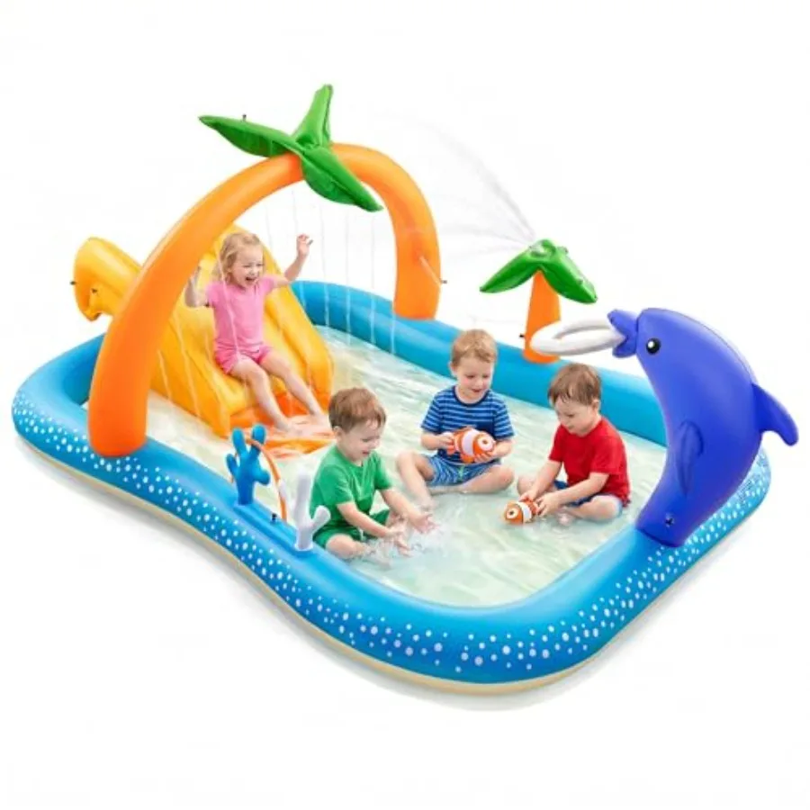 Kiddie Pool with Slide Inflatable Play Center for outdoor water play, PVC material, blue color, includes coconut palm sprinkler
Kiddie Pool with Slide Inflatable Play Center for outdoor water play, PVC material, blue color, includes coconut palm sprinkler
