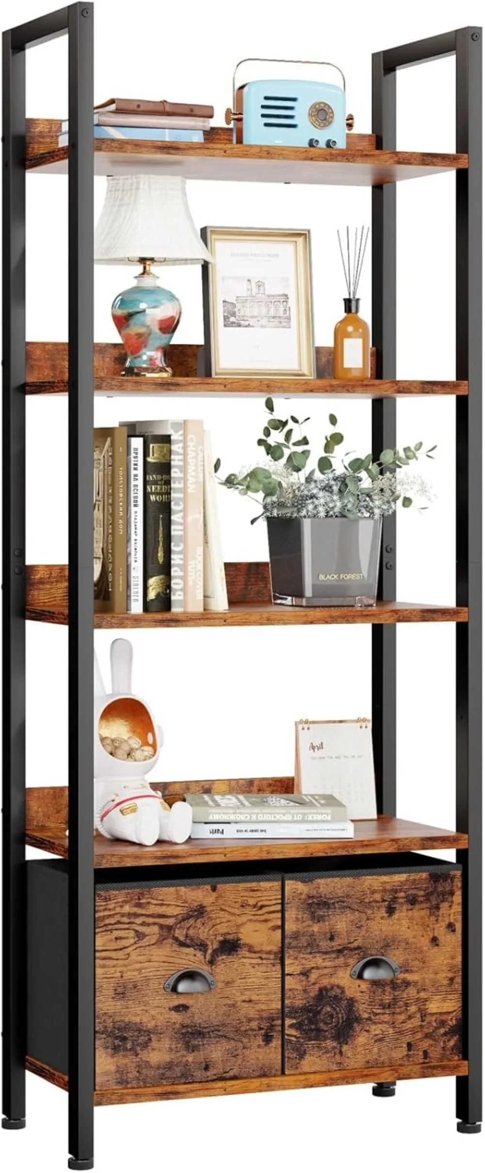 5-Tier Bookshelf, Tall Bookcase with 2 Storage Drawers, Industrial Display Standing Shelf Units, Wood and Metal Storage Shelf
5-Tier Bookshelf, Tall Bookcase with 2 Storage Drawers, Industrial Display Standing Shelf Units, Wood and Metal Storage Shelf