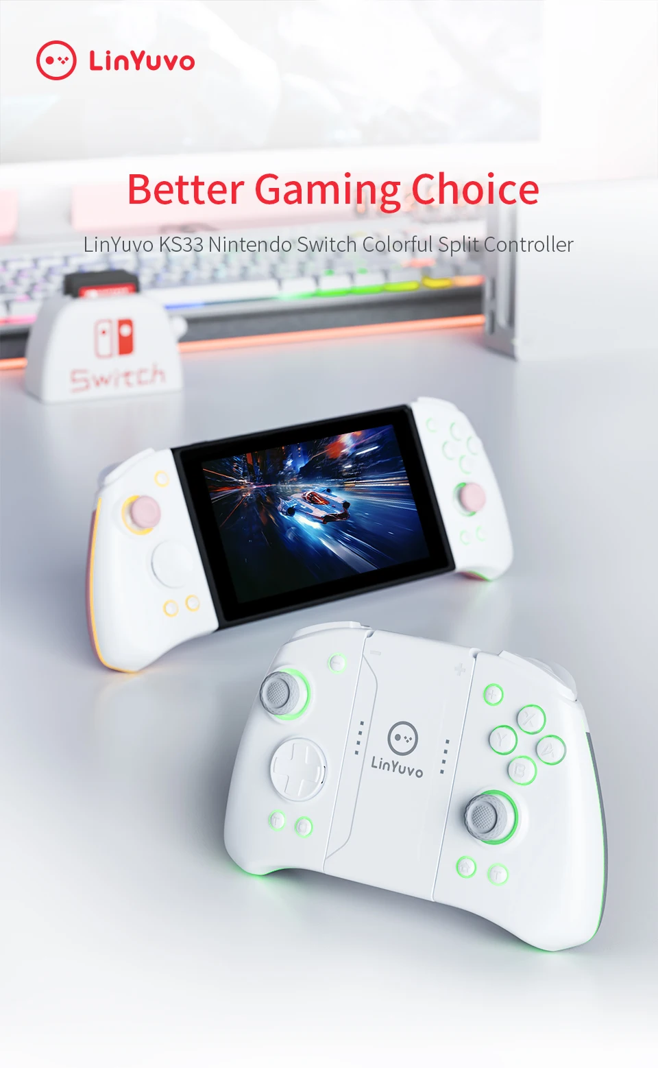 LinYuvo KS33 Wireless Joypad for Switch/Lite/Oled Joystick 8Colors LED Light Programmable Turbo & Macro programming
LinYuvo KS33 Wireless Joypad for Switch/Lite/Oled Joystick 8Colors LED Light Programmable Turbo & Macro programming