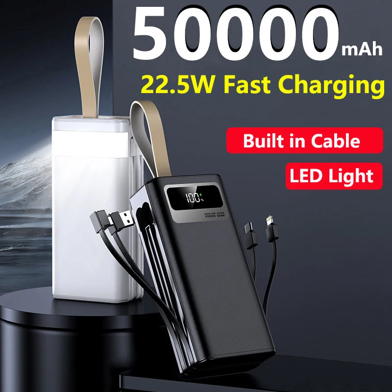 Power Bank 50000mAh with Cable LED Light 22.5W PD Fast Charging Powerbank External Battery Pack for iPhone Huawei Xiaomi Samsung
Power Bank 50000mAh with Cable LED Light 22.5W PD Fast Charging Powerbank External Battery Pack for iPhone Huawei Xiaomi Samsung