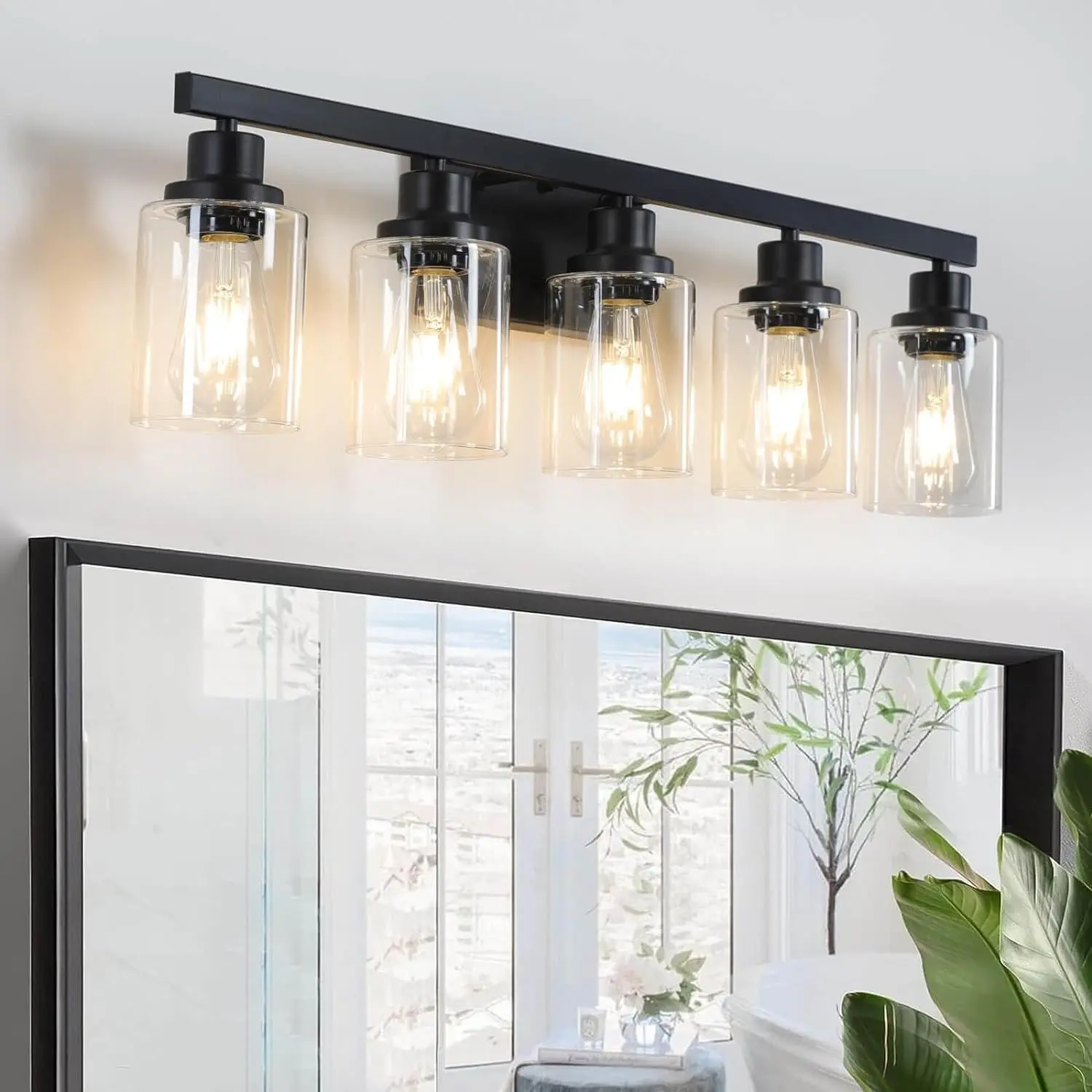 5-Light Matte Black Bathroom Vanity Fixture with Clear Glass Shade, Modern Wall Sconce for Mirror Lighting
5-Light Matte Black Bathroom Vanity Fixture with Clear Glass Shade, Modern Wall Sconce for Mirror Lighting