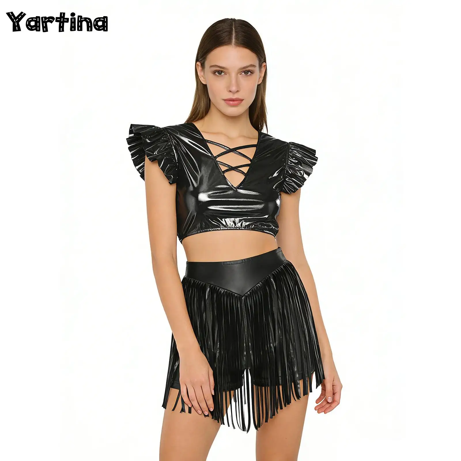 Womens Hip Hop Festival Jazz Dance Performance Costume Iridescent Metallic Ruffled Crop Top And High Waist Tassel Hot Shorts
Womens Hip Hop Festival Jazz Dance Performance Costume Iridescent Metallic Ruffled Crop Top And High Waist Tassel Hot Shorts