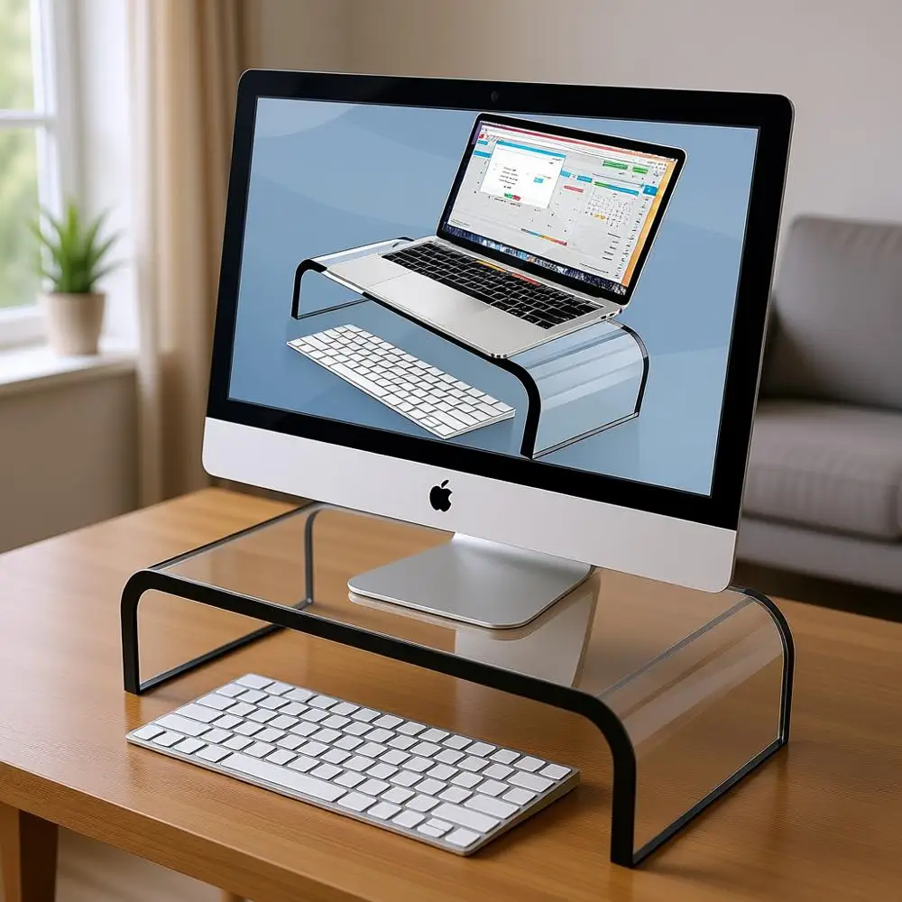 Clear Acrylic Monitor Stand - Premium Desk Riser with Keyboard Storage for Home Office, Laptop & PC TV Support