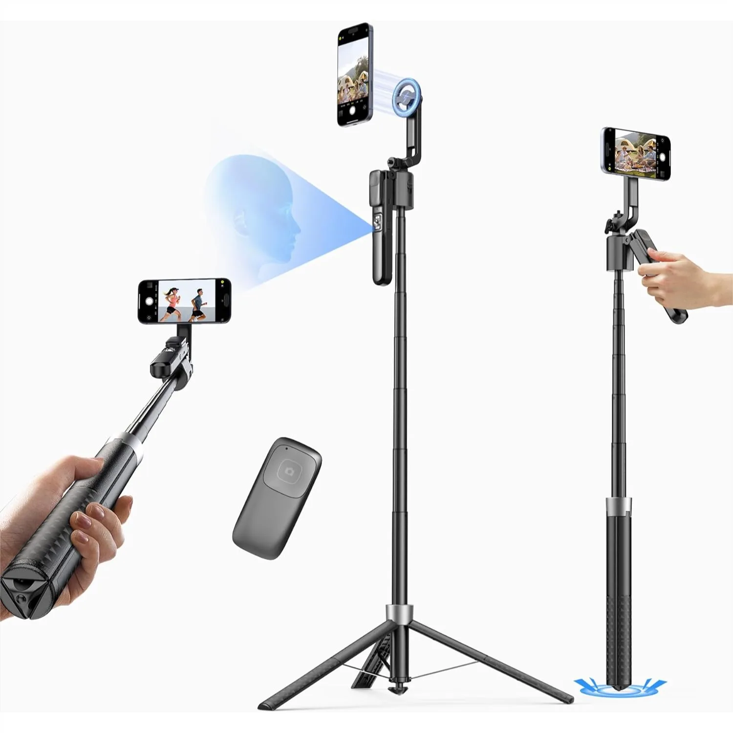 Magnetic Auto Face Tracking Tripod, 70.9" Phone Tripod with 360° Rotation 5-Gesture Control Wireless Remote, Magnetic Mount for
Magnetic Auto Face Tracking Tripod, 70.9" Phone Tripod with 360° Rotation 5-Gesture Control Wireless Remote, Magnetic Mount for
