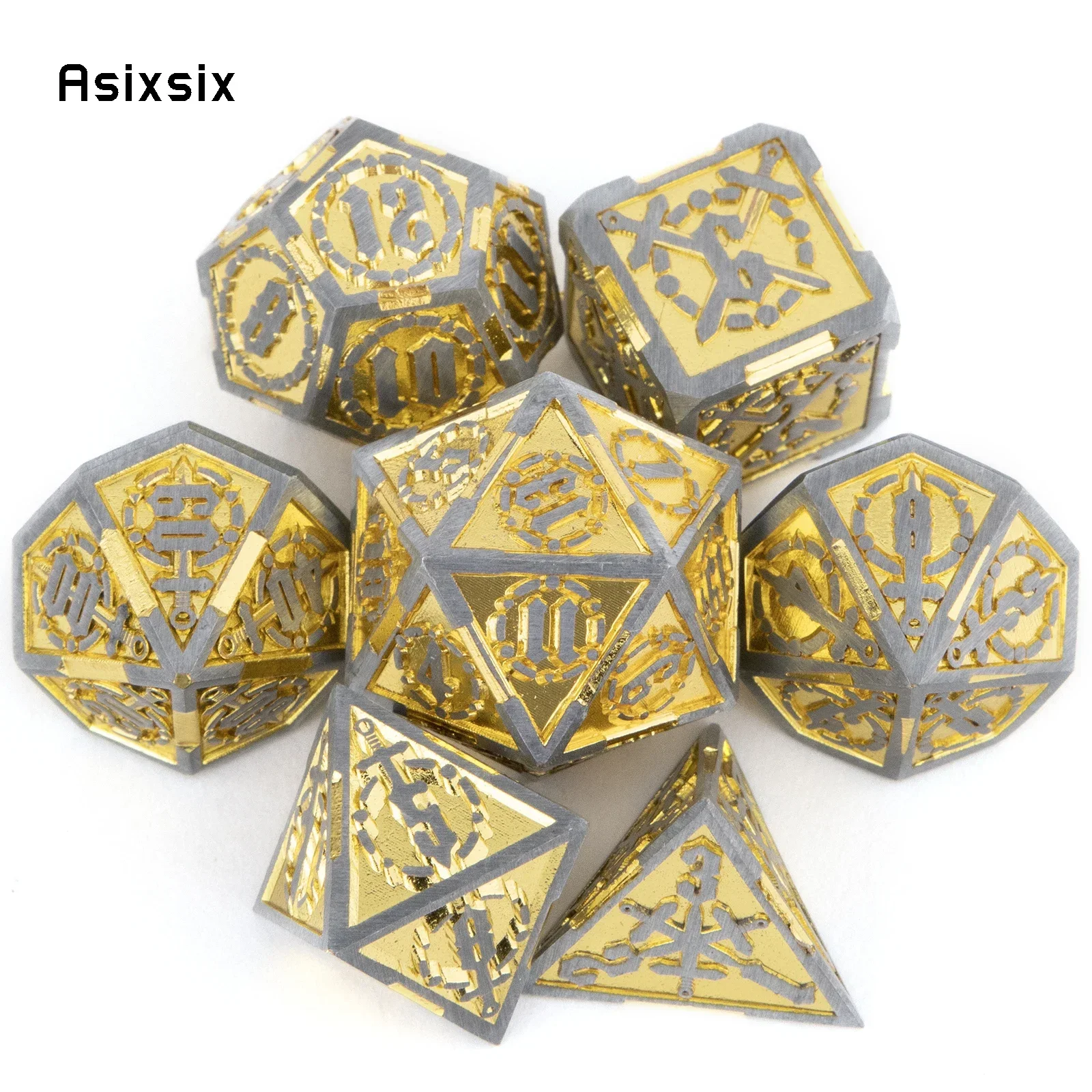 7 Pcs Yellow Silver Double Swords Metal Dice Solid Polyhedral Dice Set Suitable for Role-Playing RPG Board Game
7 Pcs Yellow Silver Double Swords Metal Dice Solid Polyhedral Dice Set Suitable for Role-Playing RPG Board Game