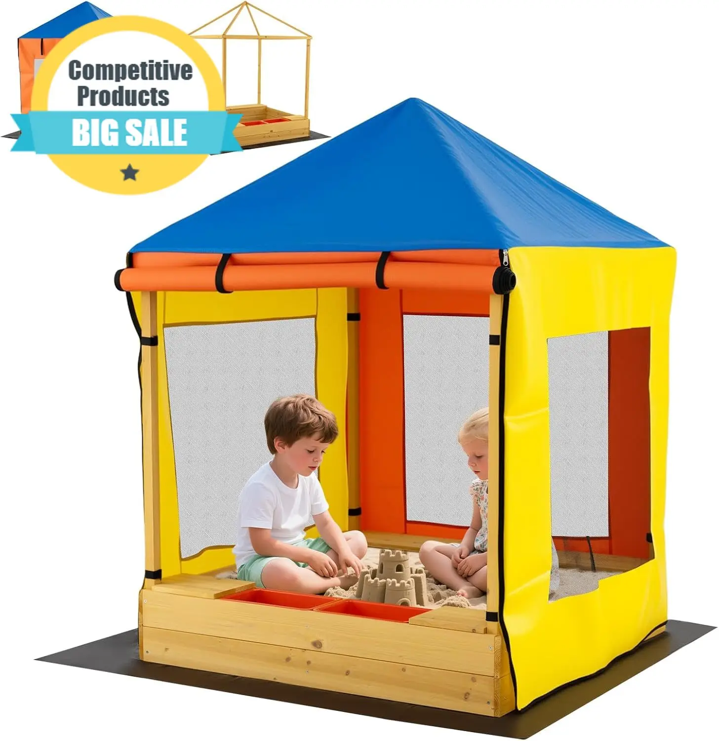 Kids Wooden Sandbox with Canopy, Outdoor Fir Wood Playhouse with Bottom Liner, Roll-up Door Curtains, Bench Seats & Stor
Kids Wooden Sandbox with Canopy, Outdoor Fir Wood Playhouse with Bottom Liner, Roll-up Door Curtains, Bench Seats & Stor
