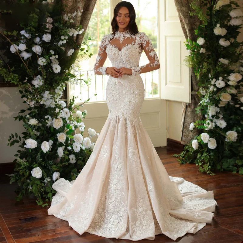 Customized High Collar 3D Lace Appliques Wedding Dress Sweep Train Robe De Mariée Long Sleeves Country Buttons Back Bridal Gown
Customized High Collar 3D Lace Appliques Wedding Dress Sweep Train Robe De Mariée Long Sleeves Country Buttons Back Bridal Gown