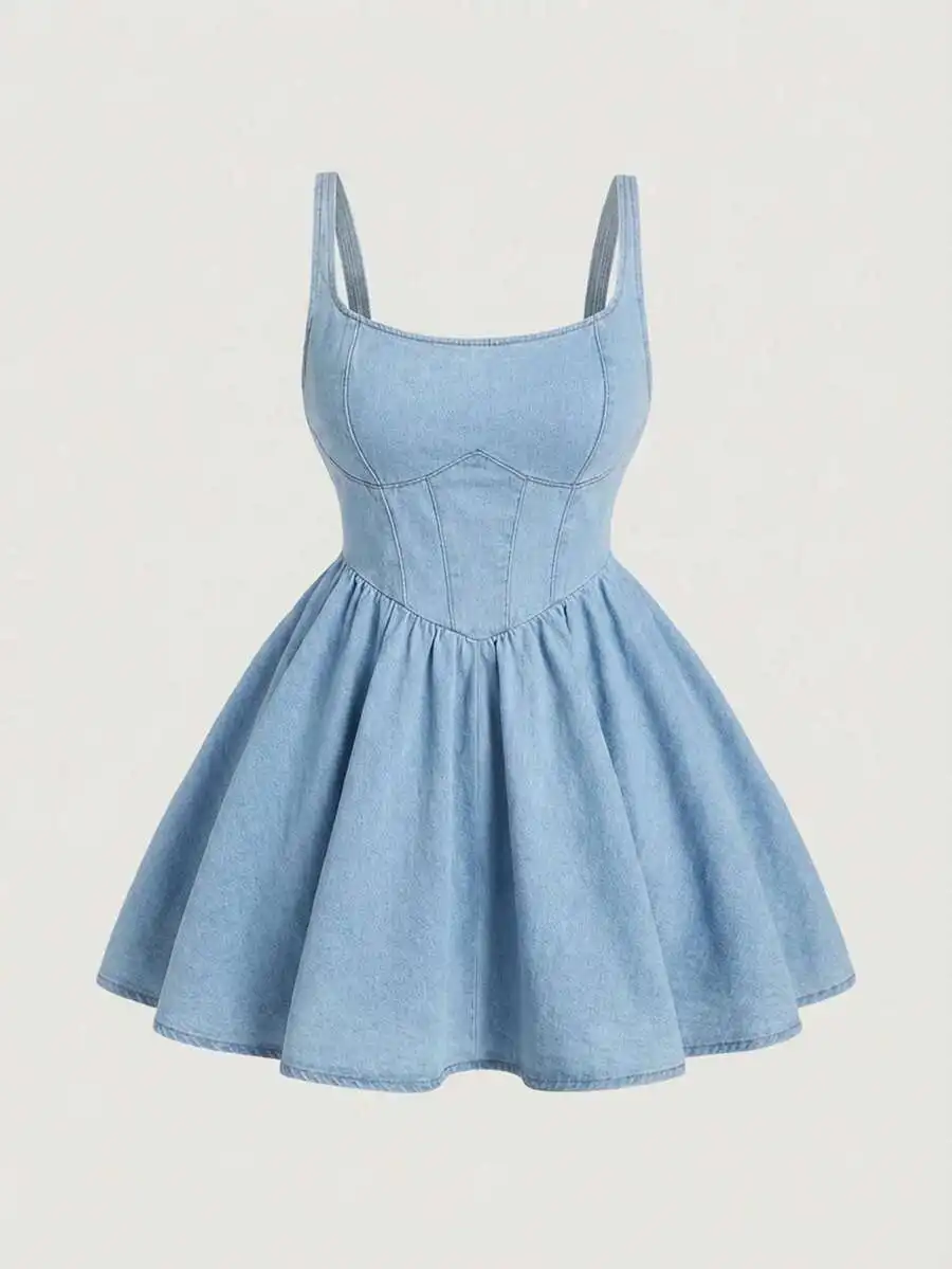 Light Blue Denim Mini Dress Featuring Sweetheart neckline, Thin Straps, And Flared Skirt
Light Blue Denim Mini Dress Featuring Sweetheart neckline, Thin Straps, And Flared Skirt