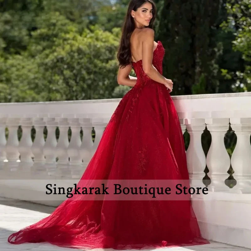 Customized Prom Dress Red Charming Lace Flowers Strapless A Line Glitter Tulle Floor Length Women Evening Party Gowns Vestidos
Customized Prom Dress Red Charming Lace Flowers Strapless A Line Glitter Tulle Floor Length Women Evening Party Gowns Vestidos