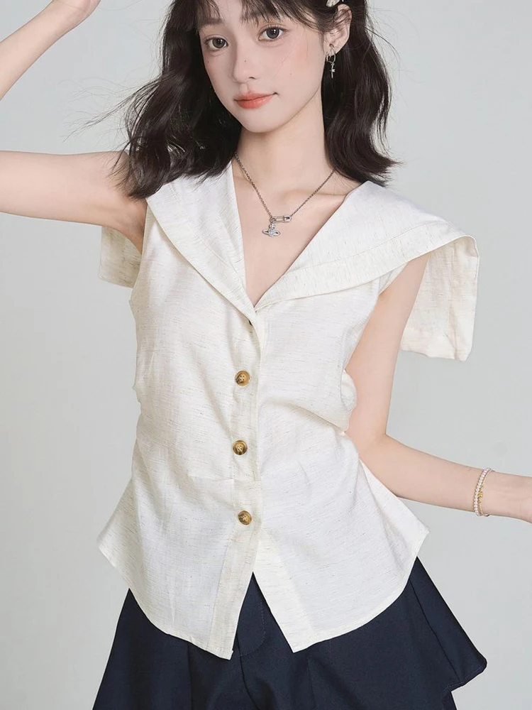 Cute Sailor Collar Shirt Women Summer Slim Sweet Preppy Style Fashion Blouse Casual Chic Summer Female Sleeveless Kawaii Tops
Cute Sailor Collar Shirt Women Summer Slim Sweet Preppy Style Fashion Blouse Casual Chic Summer Female Sleeveless Kawaii Tops