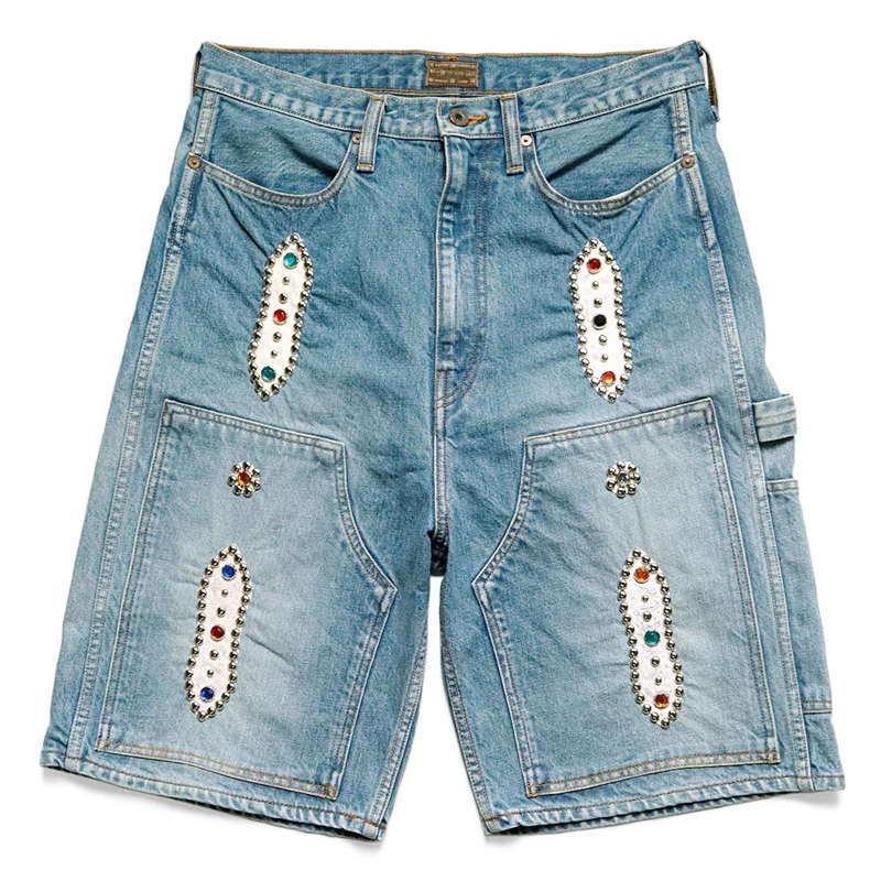 American Retro Denim Shorts Men Women Trim Rivets Rhinestone Denim Wash Blue Loose Casual Low Waist Denim pants With Label
American Retro Denim Shorts Men Women Trim Rivets Rhinestone Denim Wash Blue Loose Casual Low Waist Denim pants With Label