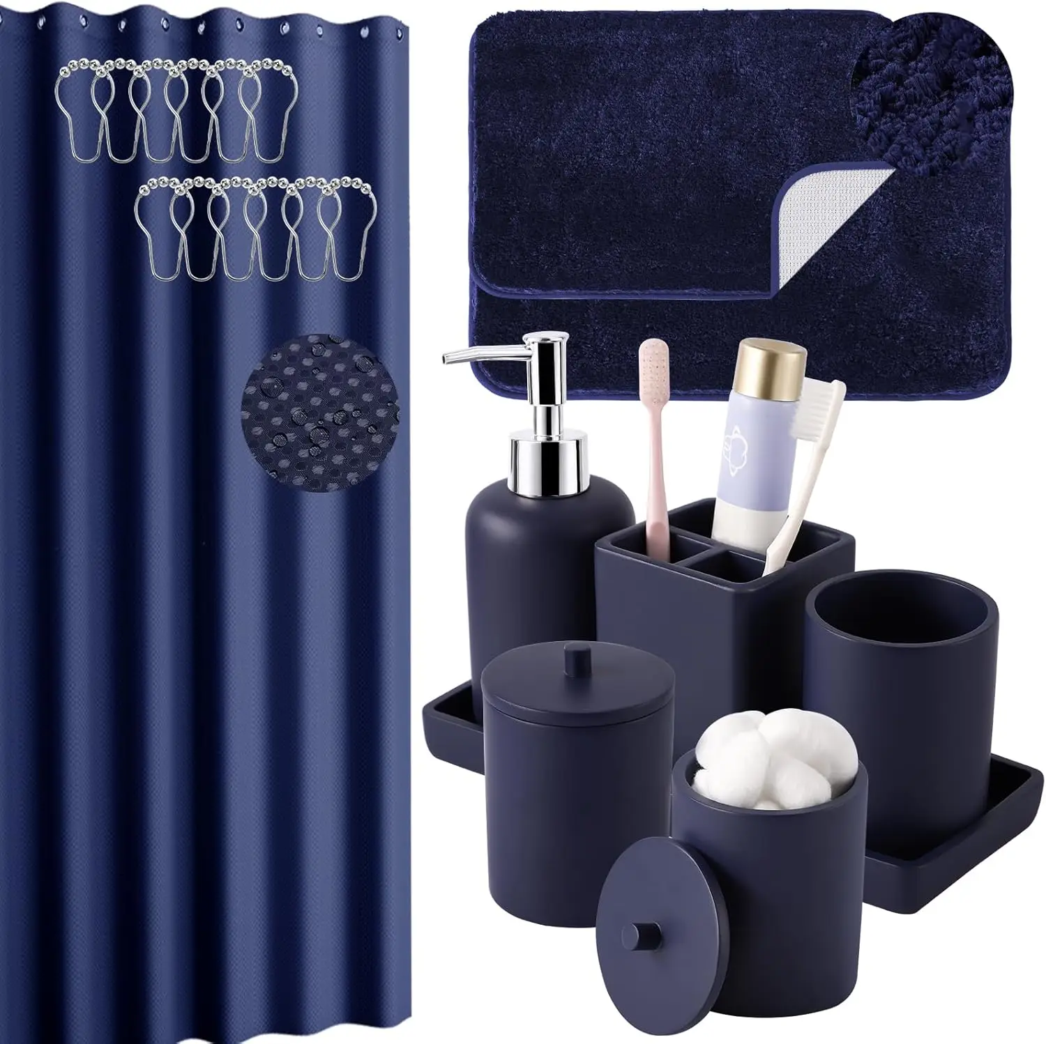 Waterproof Shower Curtain Non Slip Mat 21 Pcs Bathroom Accessory Set with Toothbrush Holder Soap Dispenser Countertop
Waterproof Shower Curtain Non Slip Mat 21 Pcs Bathroom Accessory Set with Toothbrush Holder Soap Dispenser Countertop