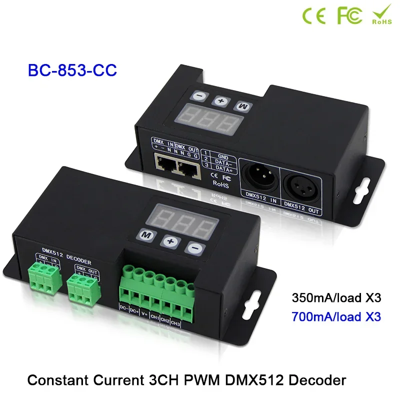Bincolor 350mA/700mA CC LED DMX512 Decoder 12V-48V 24V DMX512/1990 signal to PWM signal 3CH Dimmer DMX RGB LED Light Controller
Bincolor 350mA/700mA CC LED DMX512 Decoder 12V-48V 24V DMX512/1990 signal to PWM signal 3CH Dimmer DMX RGB LED Light Controller
