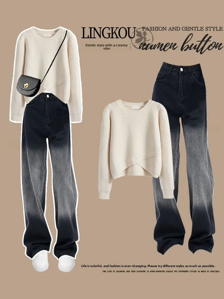 plus Size Women's Autumn Denim Knitwear Set Slimming Wide Leg Pants Long Sve round Ne Two Piece Set Faionable plus Size
plus Size Women's Autumn Denim Knitwear Set Slimming Wide Leg Pants Long Sve round Ne Two Piece Set Faionable plus Size