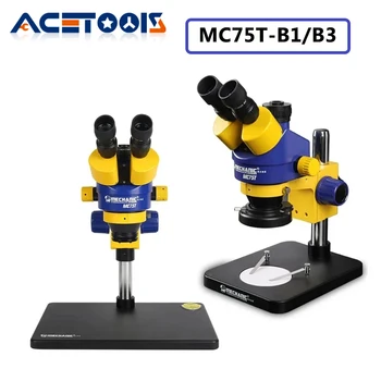 기계식 MC75T-B1 MC75T-B3 산업용 삼안 스테레오 현미경, 보드 PCB 관찰 플랫폼, 7-45X 연속 줌
