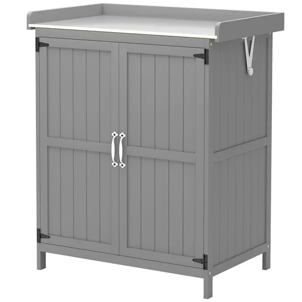 Outdoor Storage Cabinet, Garden Tool Shed with Metal Tabletop and Shelf, Wooden Potting Bench with 2 Doors, Gray
Outdoor Storage Cabinet, Garden Tool Shed with Metal Tabletop and Shelf, Wooden Potting Bench with 2 Doors, Gray